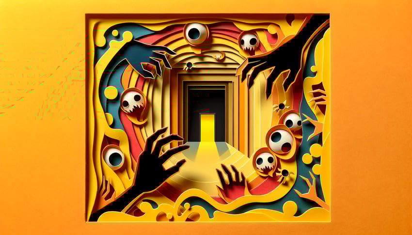 Paper art illustration depicting a survey form design related to scary game experiences for FormCreatorAI article