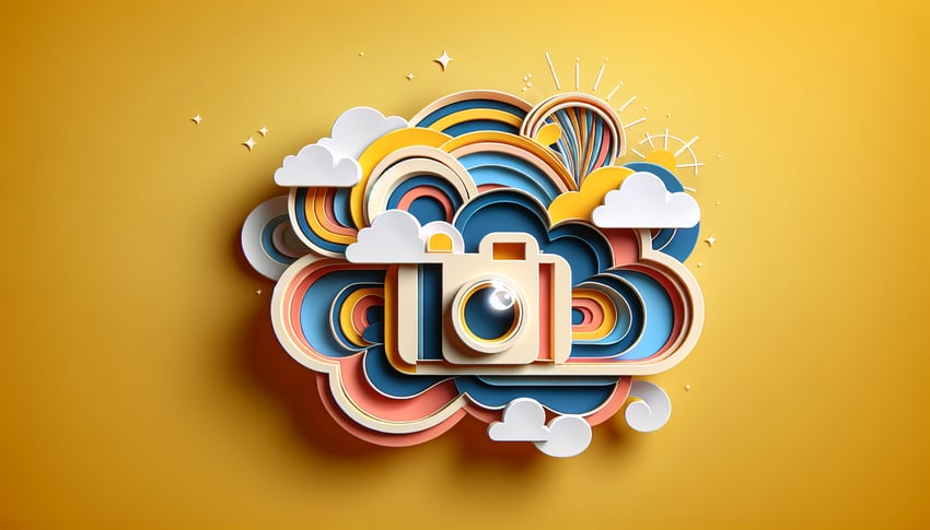 Paper art illustration depicting a creative photo upload form template design for FormCreatorAI article