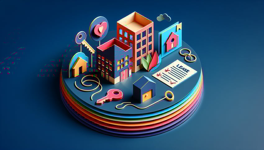 Paper art illustration depicting an online commercial lease application form for FormCreatorAI article