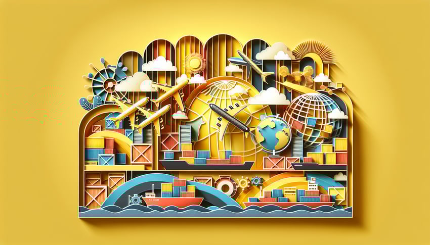 Paper art illustration depicting a customs shipping form template for FormCreatorAI