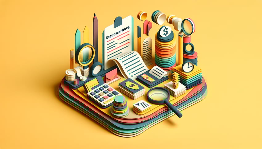 Paper art illustration featuring a reimbursement form template with various fields and icons for an article on FormCreatorAI