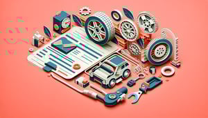 Paper art illustration depicting a vehicle inspection report form with checkboxes and sections for vehicle details and findings.