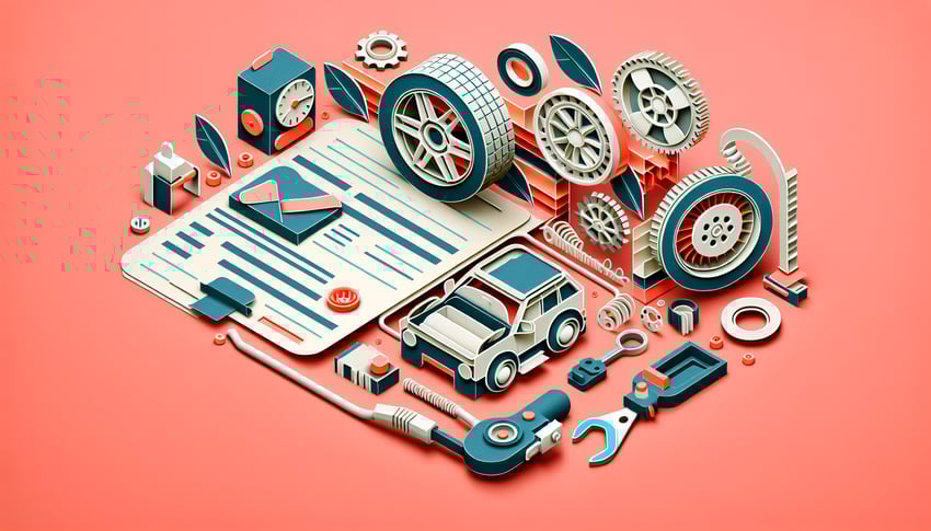 Paper art illustration depicting a vehicle inspection report form with checkboxes and sections for vehicle details and findings.