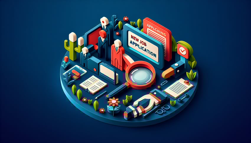 Paper art illustration featuring a new job application form with creative design elements and bright colors.