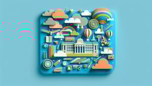 Paper art illustration featuring a museum ticket form with decorative elements and vibrant colors