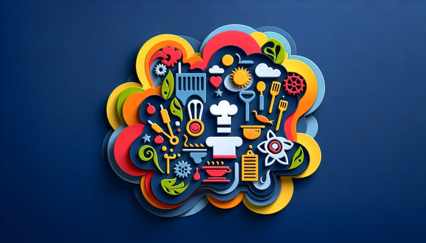 Paper art illustration showing a chef hat, utensils, and a job application form design elements for job application template.