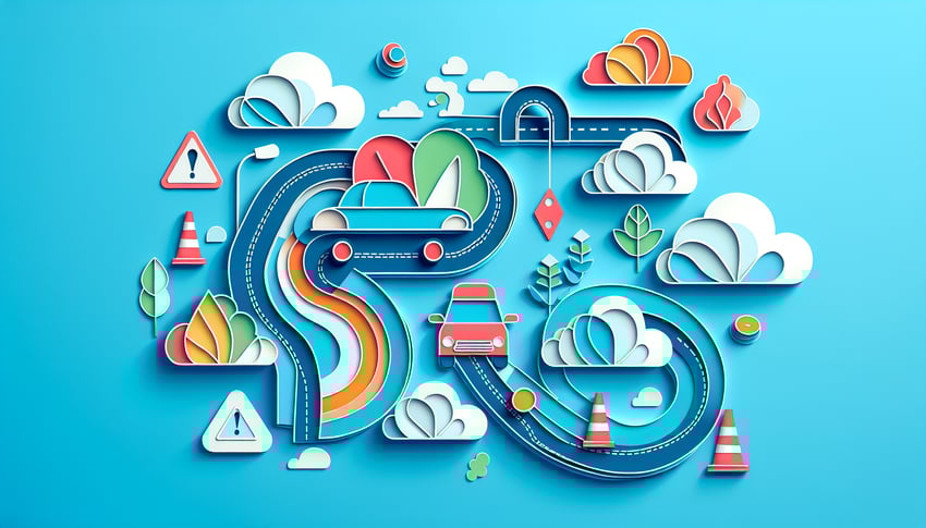 Paper art illustration featuring a road test form with checkboxes and driver evaluation elements for an article on FormCreatorAI