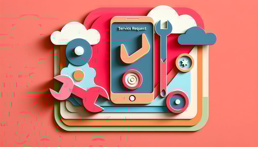 Colorful paper art illustration depicting a service request form template for FormCreatorAI article.