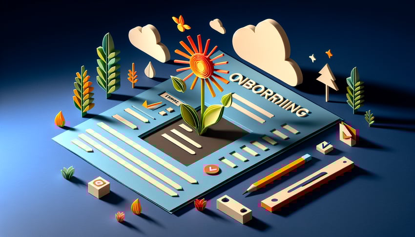 Paper art illustration depicting a new hire onboarding form template for FormCreatorAI article