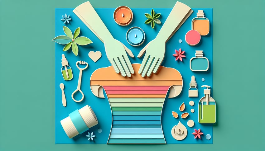 Paper art illustration depicting a massage therapy client intake form with relevant sections and design elements