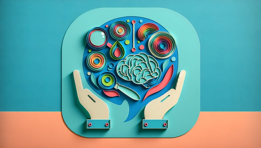 Paper art illustration depicting a psychiatric evaluation form template with a pen and mental health symbols