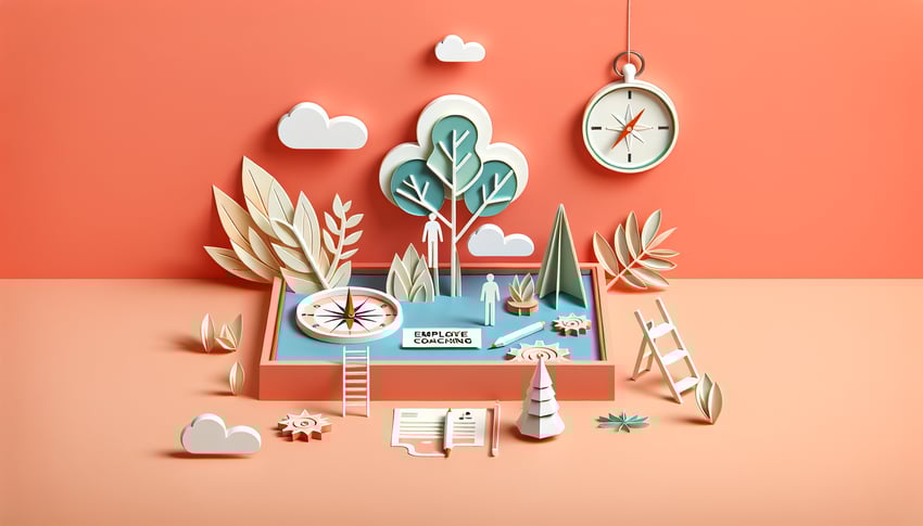 paper art illustration depicting an employee coaching form template with various sections and fields for input