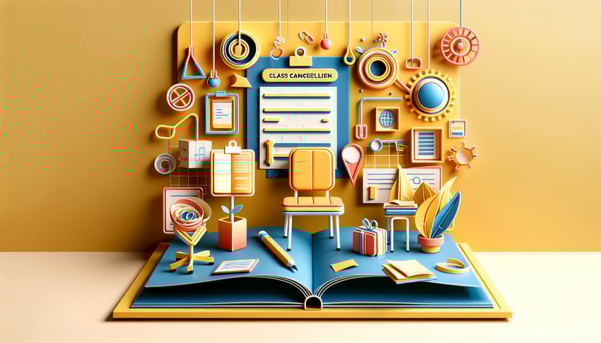 Paper art illustration showcasing a class cancellation form template design for FormCreatorAI