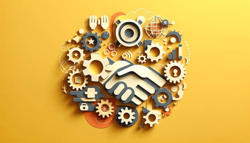 Paper art illustration showing a teamwork survey form with people collaborating and sharing ideas.