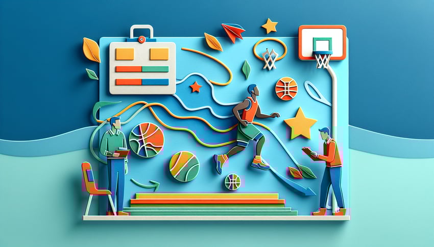 paper art illustration showing a basketball player evaluation form with charts and player stats for FormCreatorAI article