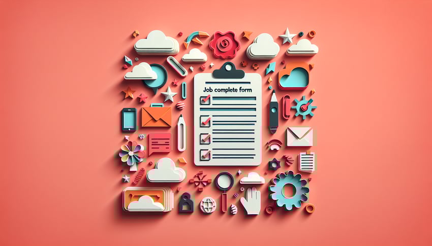 Paper art illustration depicting a job completion form for a template article on FormCreatorAI