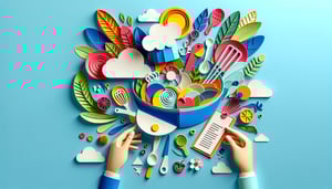 Colorful paper art illustration depicting a recipe sharing form template with culinary elements and design features.