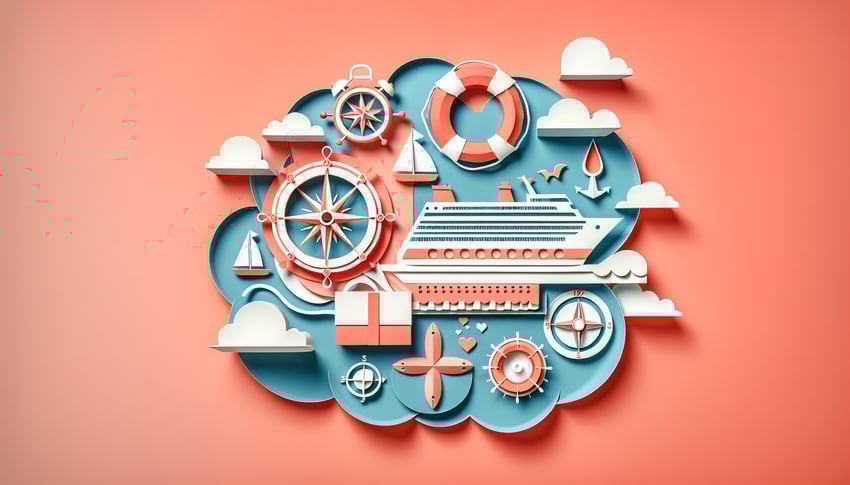 paper art illustration featuring a cruise job application form template with design elements related to travel and employment