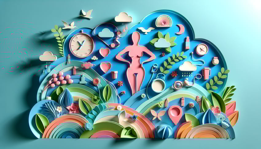 Paper art illustration depicting a body contouring client intake form with design elements related to health and beauty.