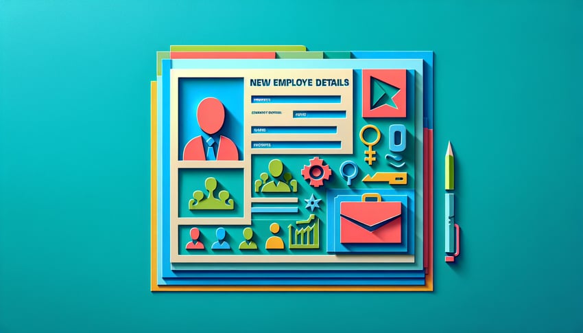 Paper art illustration highlighting a new employee details form template for FormCreatorAI