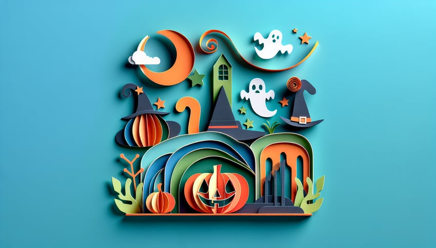 Paper art illustration featuring Halloween costumes and a contest entry form for FormCreatorAI