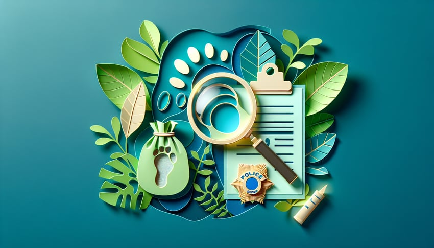 Paper art illustration depicting a police report template with sections for details and signatures, designed for FormCreatorAI.