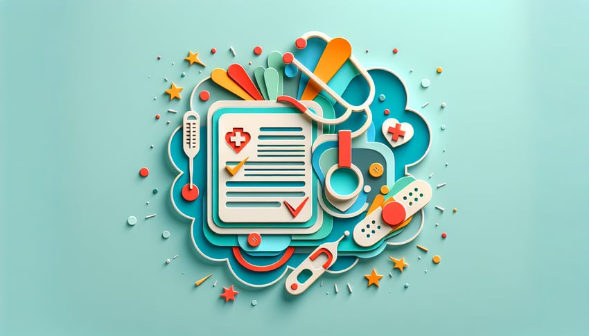 Paper art illustration featuring a daycare medical form with colorful designs and icons related to health and childcare