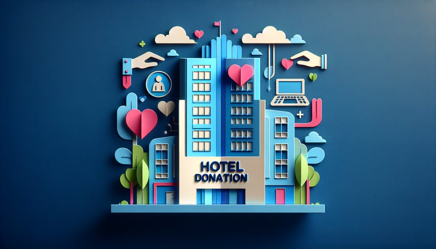 Paper art illustration depicting a hotel donation request form for an article about FormCreatorAI