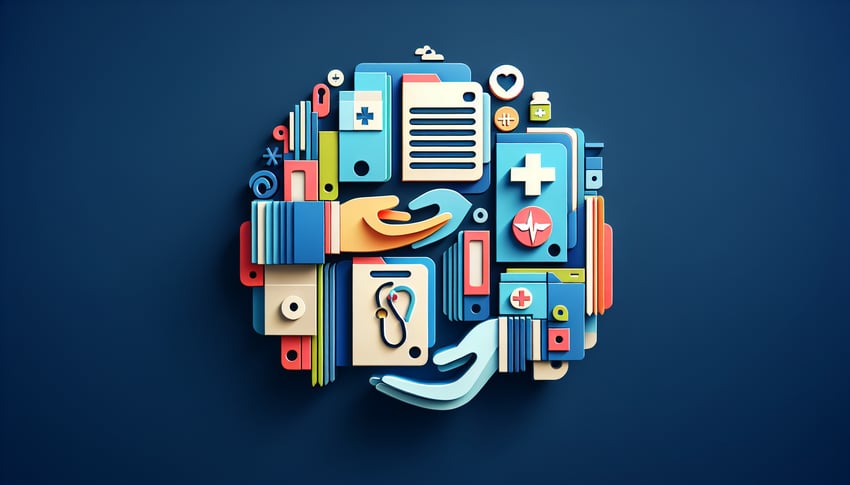 paper art illustration depicting a transfer of medical records form for medical documentation and organization