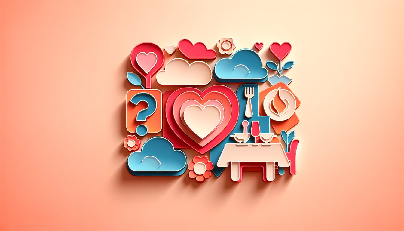 paper art illustration featuring a dating questionnaire form with decorative elements and text areas for user responses