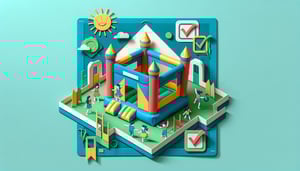 Paper art illustration depicting a bounce house permission slip form with colorful elements and playful design.