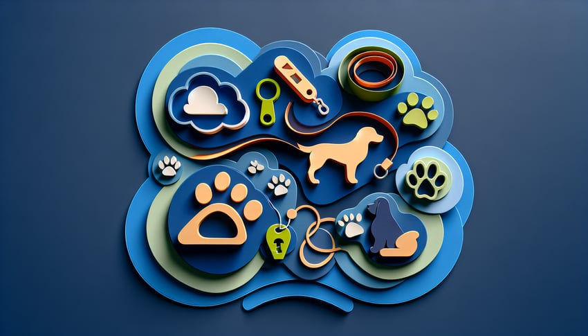 Paper art illustration featuring a dog training form template with various sections and a playful dog design.