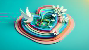 Paper art illustration featuring a wedding questionnaire form layout with decorative elements and elegant typography