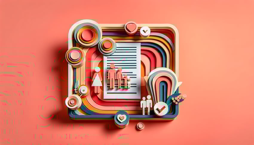 Paper art illustration of a family questionnaire form with sections for responses and checkboxes.