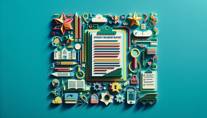 Paper art illustration depicting a student incident report form and related stationery for an article on FormCreatorAI.