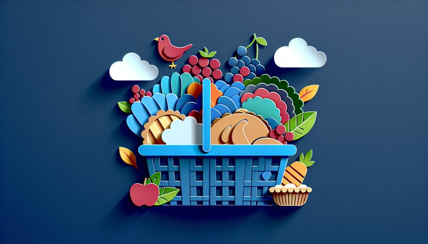 Paper art illustration featuring a Thanksgiving food basket and registration form for Thanksgiving Food Basket Template