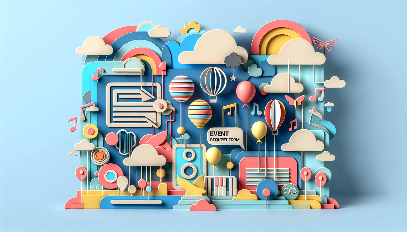 Paper art illustration depicting an event request form template for FormCreatorAI article