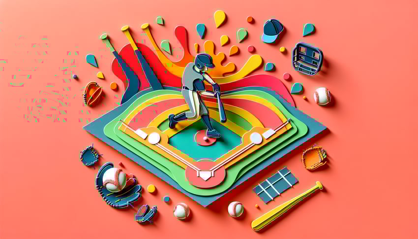 Paper art illustration depicting a youth baseball tryout evaluation form with baseball graphics and a checklist.