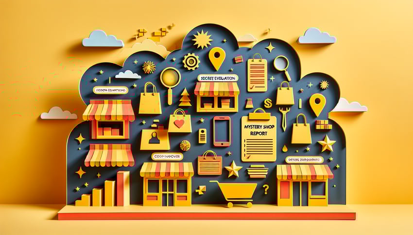 Paper art illustration featuring a smart mystery shop report form design for FormCreatorAI article