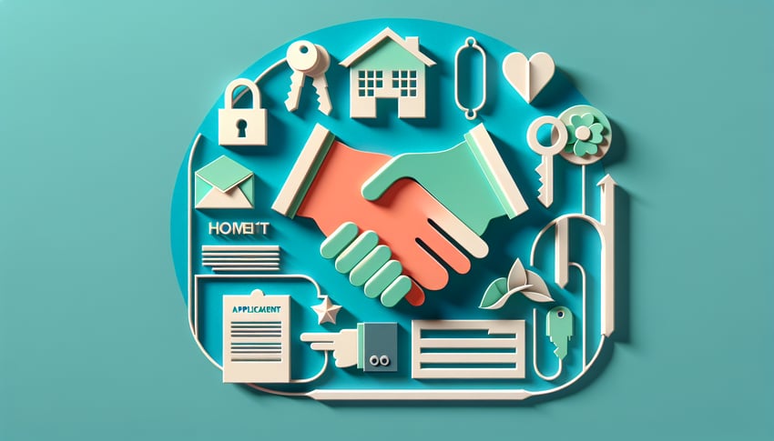 paper art illustration depicting a tenant rental application form with design elements related to housing and tenancy