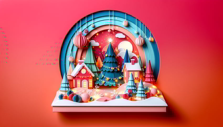 Colorful paper art illustration featuring holiday lights and decorations for a contest form template for FormCreatorAI
