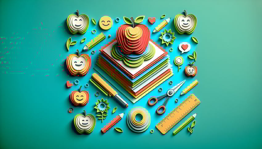 Paper art illustration depicting a teacher satisfaction survey form with engaging design elements and educational themes