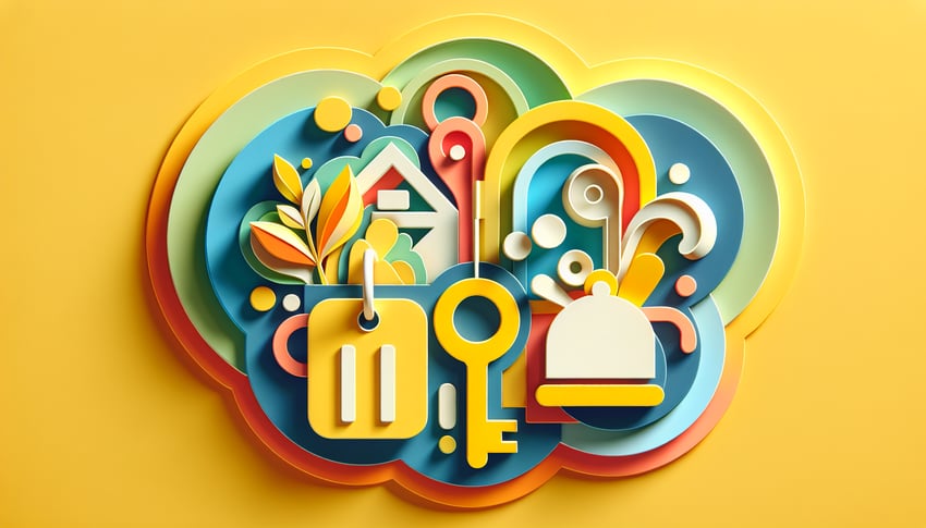 Paper art illustration depicting guest registration forms with clean lines and vibrant colors.