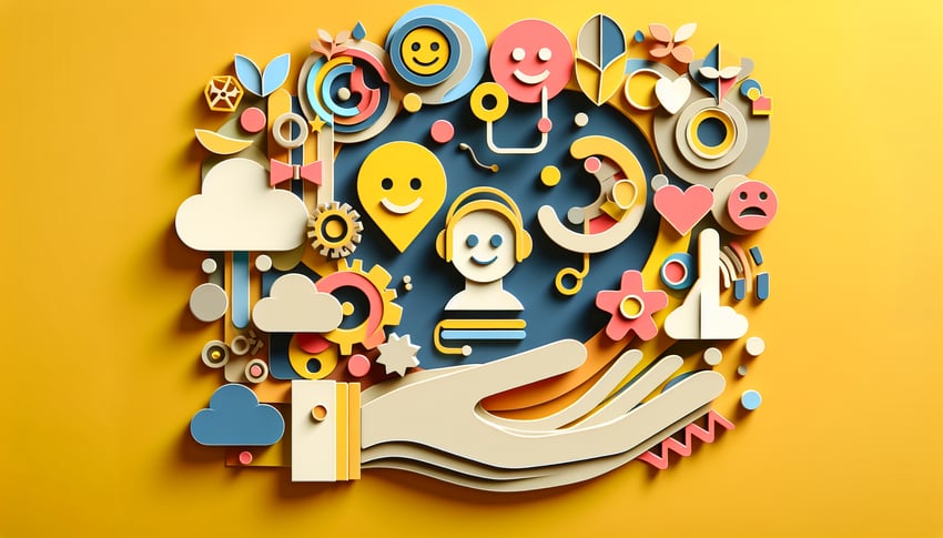 Colorful paper art illustration depicting a customer service survey form template with feedback icons and checkboxes