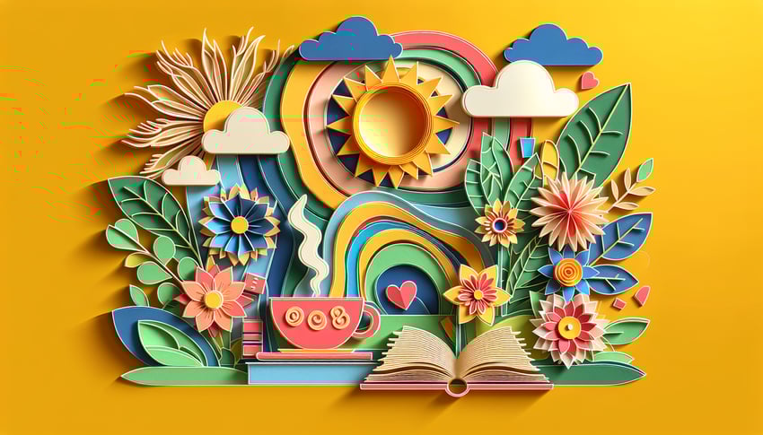 Paper art illustration featuring a daily gratitude journal template with sections for entries and reflections.