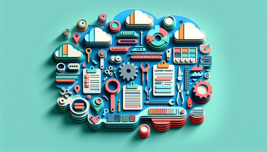Paper art illustration depicting an equipment inventory form with various tool icons and a clean layout for FormCreatorAI article