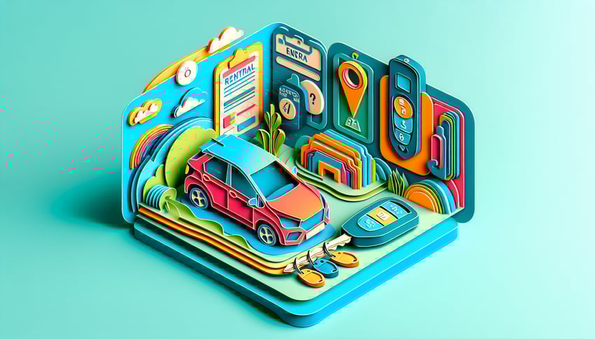 Paper art illustration depicting a car rental application form for FormCreatorAI article