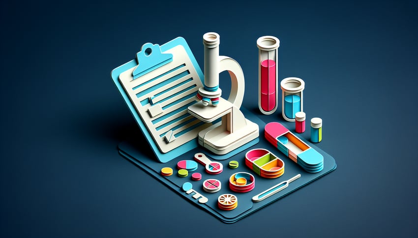 Paper art illustration depicting a drug testing request form with design elements relevant to FormCreatorAI
