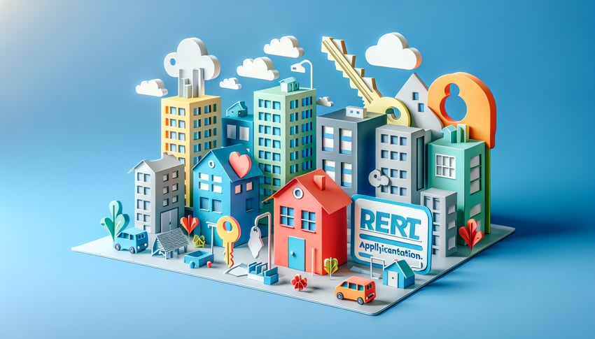Colorful paper art illustration representing rental application interest form template with icons and design elements
