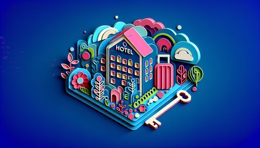 Paper art illustration depicting a hotel booking form with various fields and design elements for a template article